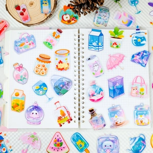 56 pieces of cute transparent PET stickers with kawaii cartoon designs for DIY notebooks