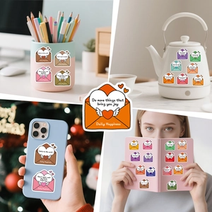 Waterproof cartoon envelope stickers with motivational text on various lifestyle items