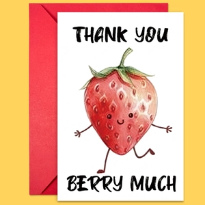 Close-up of a cartoon strawberry thank you card with red envelope on yellow background