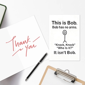 Minimalist stick figure humor greeting card with Thank You note and black pen on clipboard