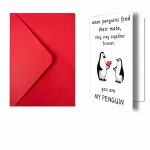 Detalle del set de tarjetas de San Valentín con pingüinos, sobre rojo y dimensiones