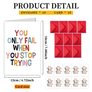 Detail view of 10 inspirational greeting cards and red envelopes with 18x12cm size specs