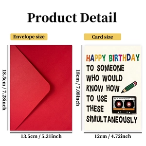 Retro humor birthday card set with red envelope and vintage cassette pencil illustration