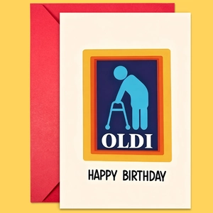 Funny OLDI birthday card set with a vibrant red envelope on a bright yellow backdrop