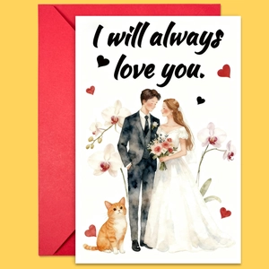 Detailed watercolor wedding card with bride, groom, orange cat and red envelope