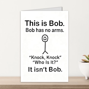 Vertical minimalist stick figure humor card standing on a clean wooden surface backdrop