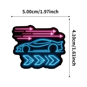 Detail view of a neon racing car sticker with precise dimensions 5.00cm by 4.10cm