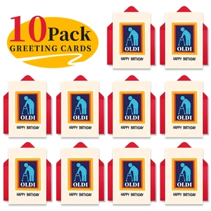Macro detail of 10 pack creative OLDI parody birthday cards with red envelopes