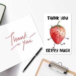 Detail of Thank You Berry Much card with strawberry illustration and matching inner page