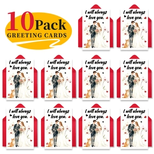 Detailed grid view of 10 pack wedding cards with watercolor couple and red envelopes