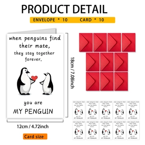 Set of 10 romantic penguin illustration greeting cards and 10 red envelopes with dimensions