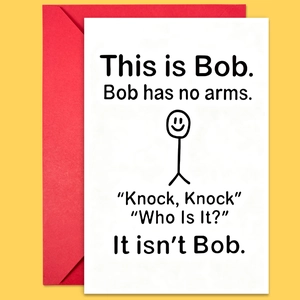 Detail of minimalist stickman humor greeting card with a bright red envelope set