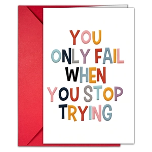 Inspirational card set with red envelope and colorful 'You Only Fail' motivational text