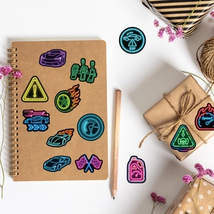 Neon racing stickers on a notebook cover featuring cool speed cars and drift elements