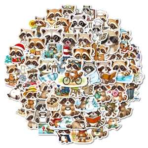 Set of 56 cute cartoon raccoon doodle stickers in various poses and costumes
