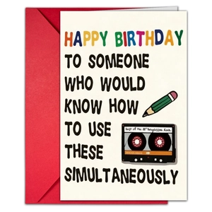 Funny vintage birthday card set with a red envelope featuring retro tape illustration