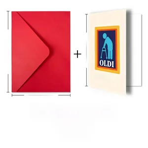 Detailed view showing dimensions of funny birthday card with envelope set in blue and red