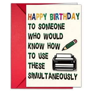 Detail of funny birthday card with vintage cassette and pencil illustration and red envelope