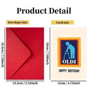 Funny birthday card set with red envelope and Oldi walker graphic, 18.5x13.5cm size details