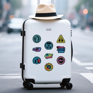 Neon race car stickers applied to a white suitcase with a stylish travel background