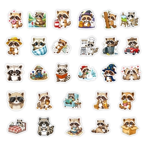 Collection of 56 cute cartoon raccoon stickers in various fun poses and scenes