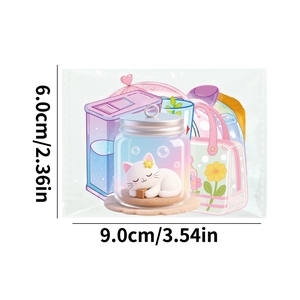 Detailed view of 9x6cm pack containing cute cartoon PET stickers in pastel colors
