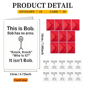 Detail showing 10-piece minimalist humor greeting card set with red envelopes and measurements