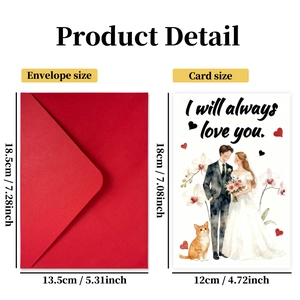 Wedding greeting card set with watercolor bride, groom and red envelope for lovers