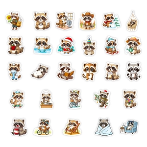 Set of 56 adorable raccoon cartoon stickers featuring diverse occupations and festive themes