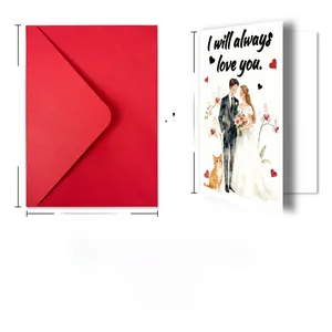 Detailed view of wedding card with 'I will always love you' text and red envelope