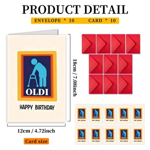 Detail showing 10 sets of OLDI parody birthday cards with red envelopes and dimensions