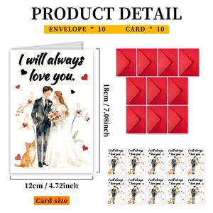 Detail view of 12x18cm watercolor wedding cards and red envelopes with cute cat design