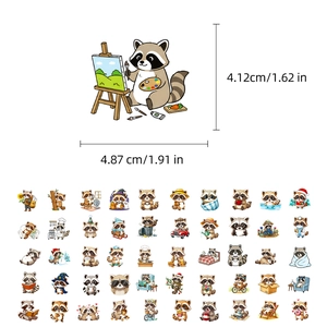 Detailed view of 50 cute raccoon stickers with dimensions for various cartoon animal designs