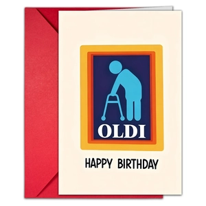 Funny Birthday card with OLDI logo and red envelope set for humorous gift giving