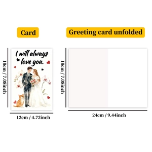 Detailed dimensions of folded and unfolded watercolor wedding card with couple and cat