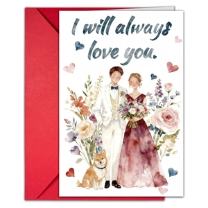 Close-up of watercolor wedding card with I will always love you text and red envelope