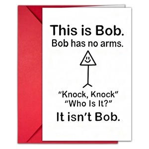 Minimalist white greeting card with a humorous line drawing and a red envelope set