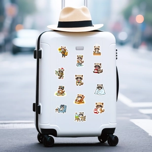 Cute raccoon cartoon stickers applied on a white suitcase for personalized decoration