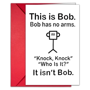 Flat lay of a minimalist stick figure greeting card with humorous text and red envelope