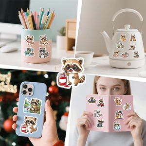 Cute raccoon stickers applied on water bottle, phone case, and notebook for decoration