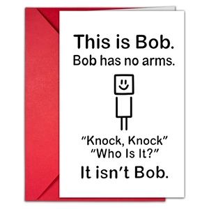 Minimalist humor greeting card with simple line art and a vibrant red envelope set