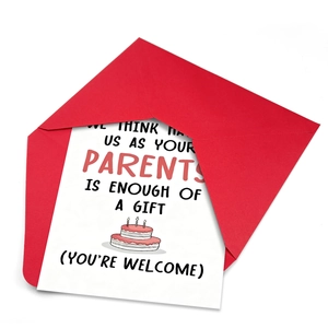 Funny birthday card with cake illustration and red envelope for kids from parents