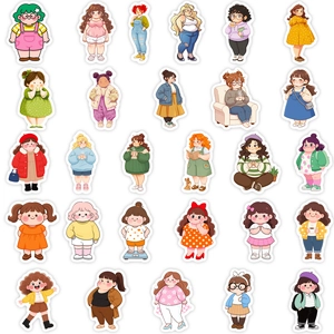 Set van 56 kleurrijke cartoon stickers van volslanke meisjes met hippe mode-outfits
