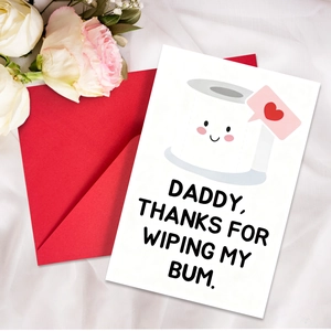 Biglietto d'auguri divertente con carta igienica e busta rossa per la festa del papà