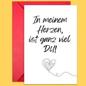 Detail der deutschen Valentinskarte mit rotem Umschlag und Herzmotiv auf gelbem Grund
