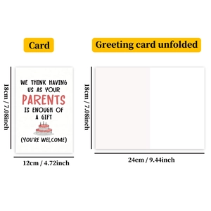 Detailed size chart showing folded and unfolded dimensions of humorous birthday greeting cards