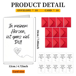 Details von 10 Valentinskarten und roten Umschlägen mit Maßen von 12x18 cm