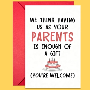 Funny birthday card with envelope featuring humorous text from parents and cake illustration