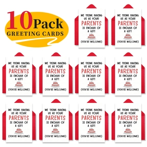 Close-up of 10-pack humor birthday cards for parents with red envelopes and cake design