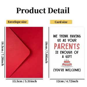Humorous birthday card with red envelope featuring a cake illustration and funny parenting quote